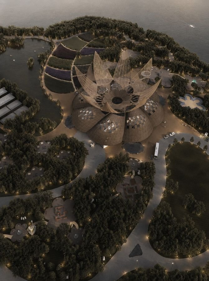 Site axonometric of the Community Interfaith Centre and surrounding Bayfront Park landscape.