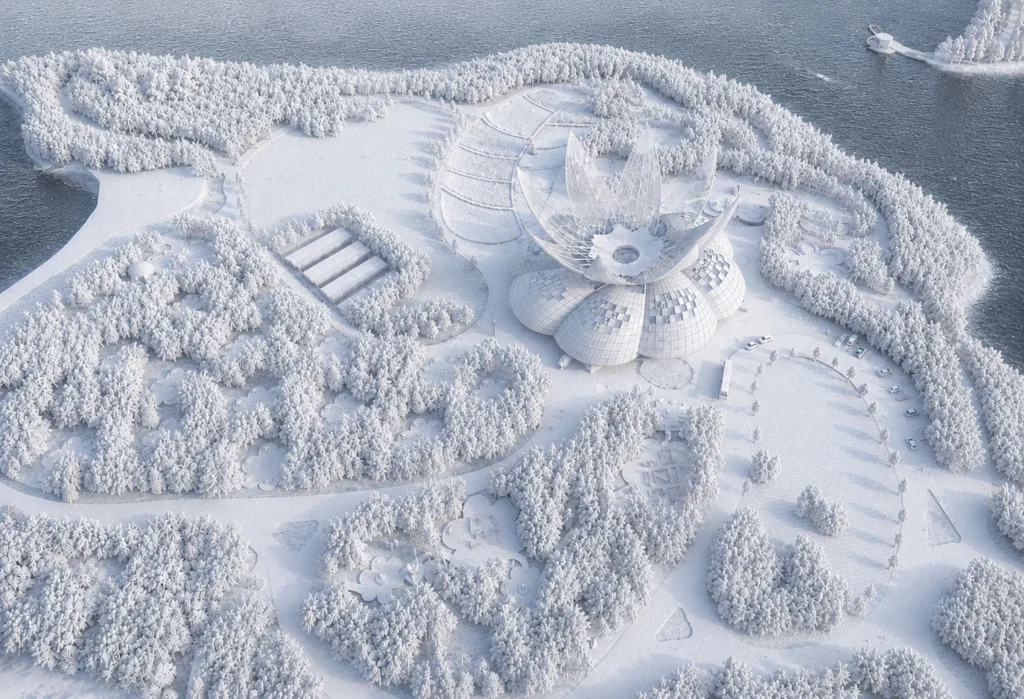 Winter axonometric view of the Community Interfaith Centre within Bayfront Park.