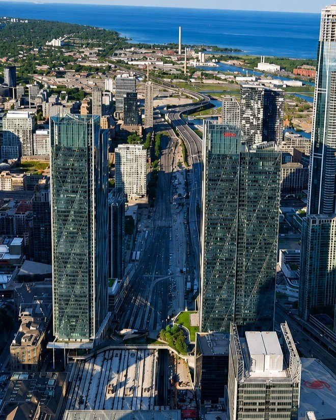 Aerial context view of CIBC Square and surrounding rail corridor