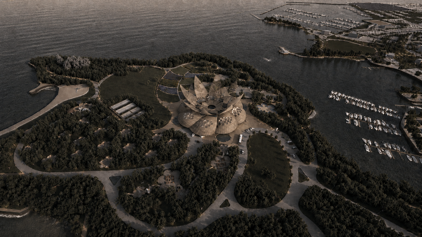 Site axonometric of the Community Interfaith Centre and surrounding Bayfront Park landscape.