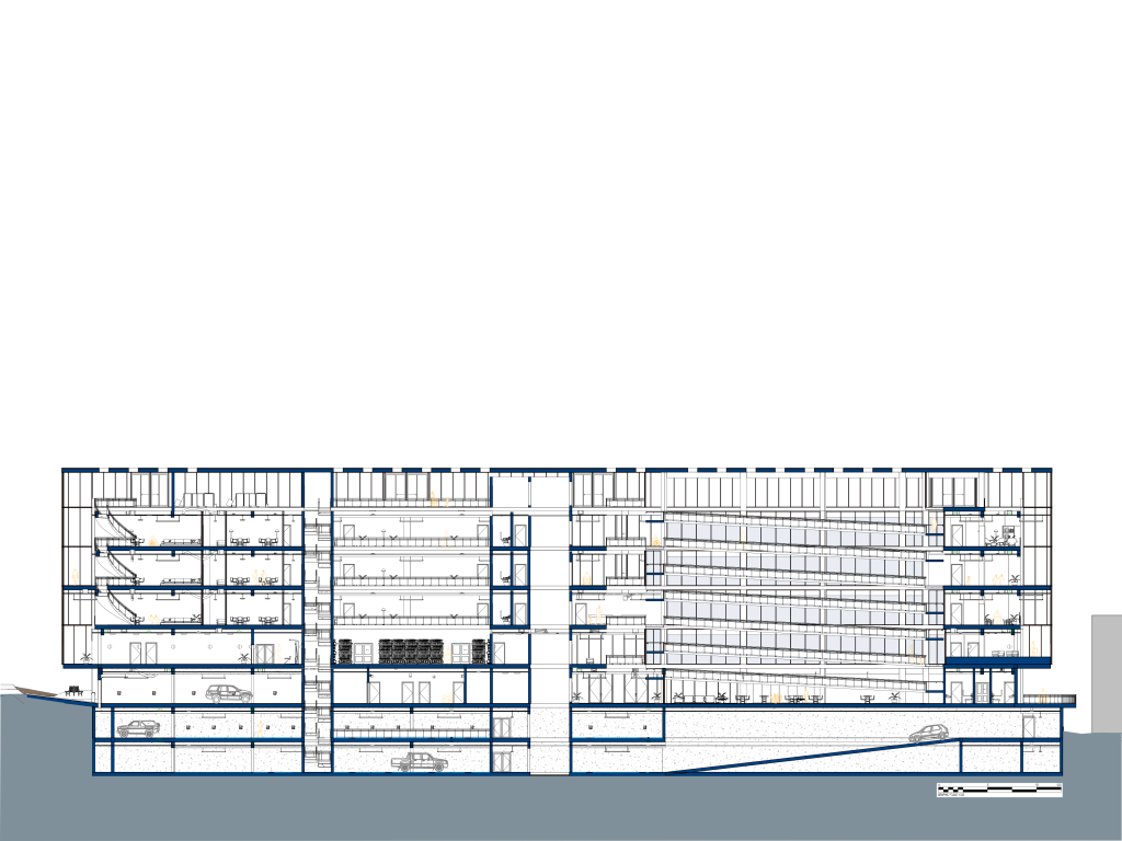 Long section showing the continuous ramp connecting all levels.
