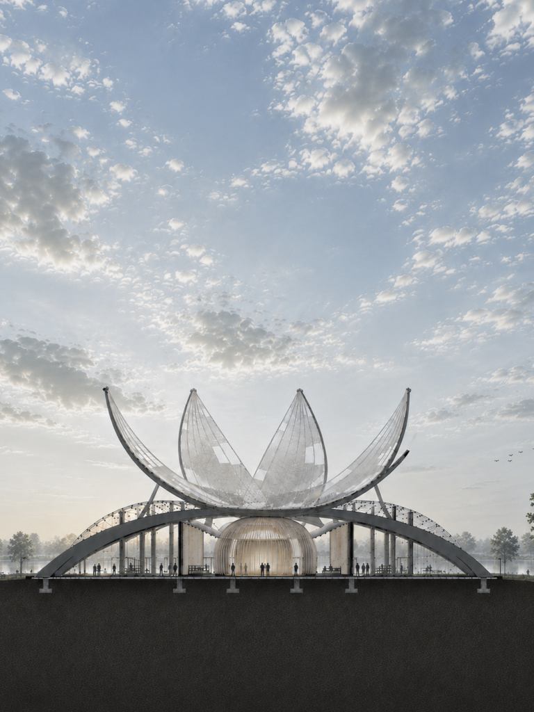 Rendered section of the interfaith centre beneath a petal-like canopy.