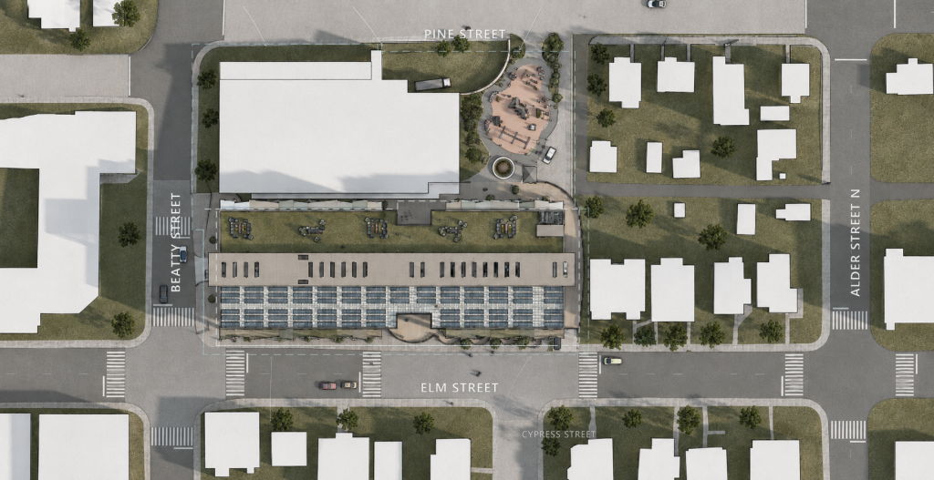 Site context drawing showing streets, wind, and surrounding blocks.