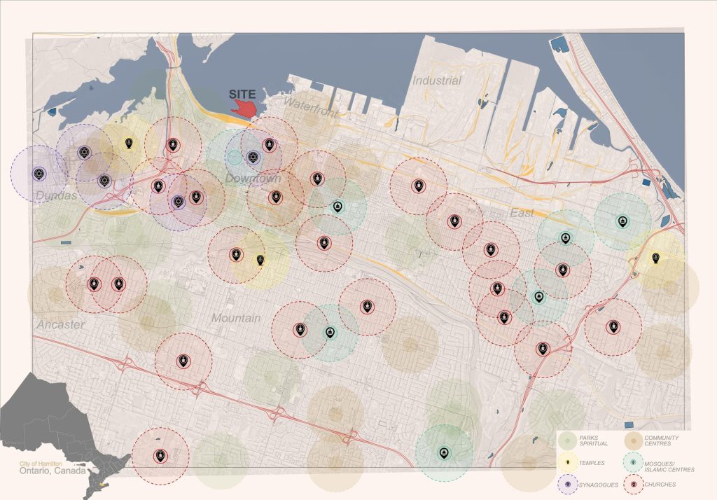 Map of faith communities and religious buildings across Hamilton.