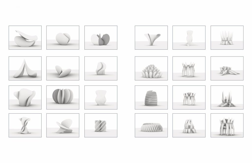 Matrix of early formal studies exploring petal, shell, and gathering forms.