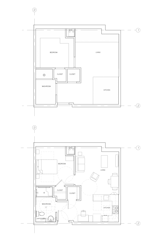 One-bedroom unit plans and reflected ceiling plans for Southdale