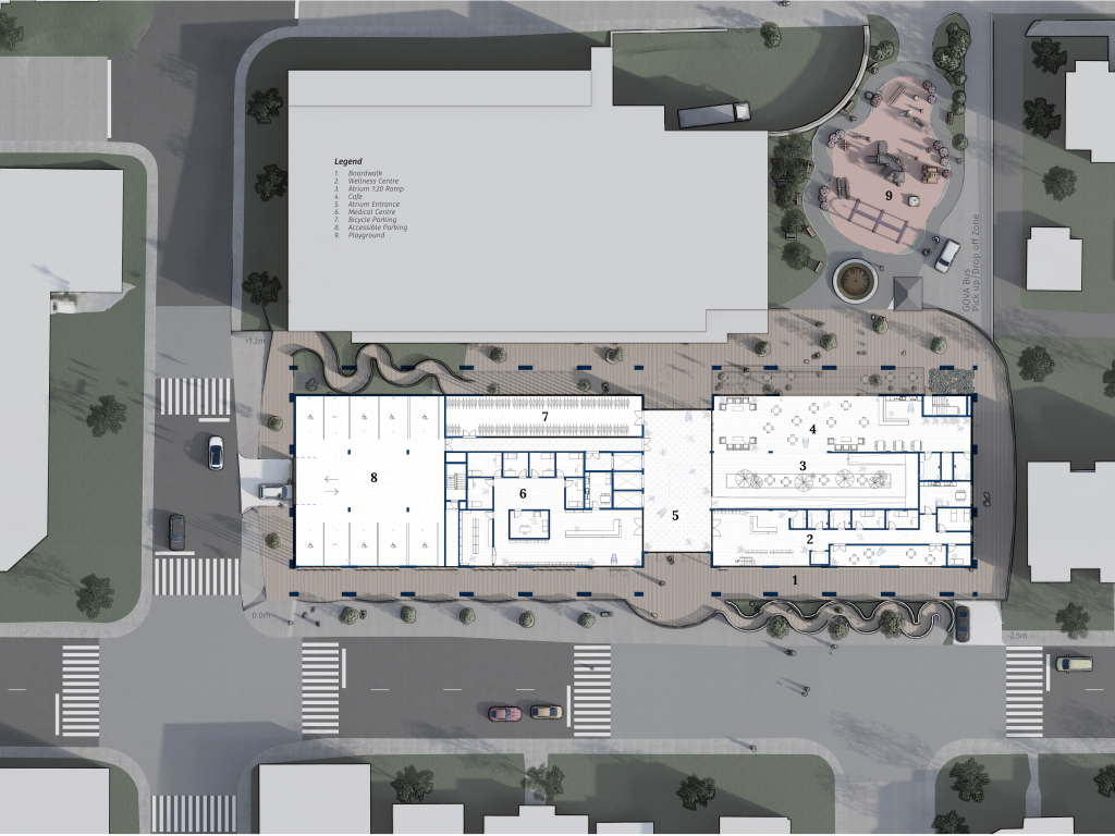 Ground floor site plan showing public program, landscape, and entry.
