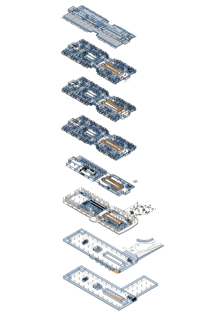 Exploded axonometric of program, ramp, and dwelling levels.