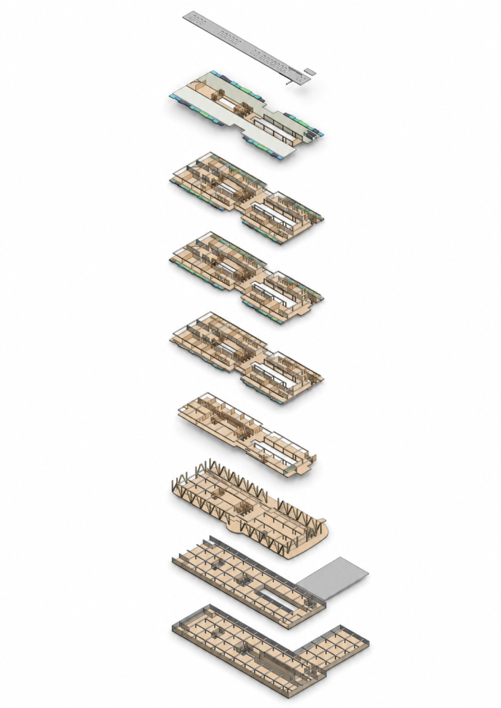 Exploded axonometric of timber structural layers.