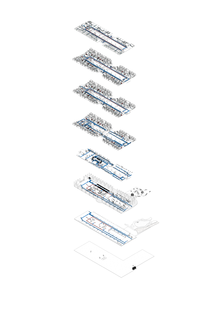 Exploded axonometric of mechanical and environmental systems.