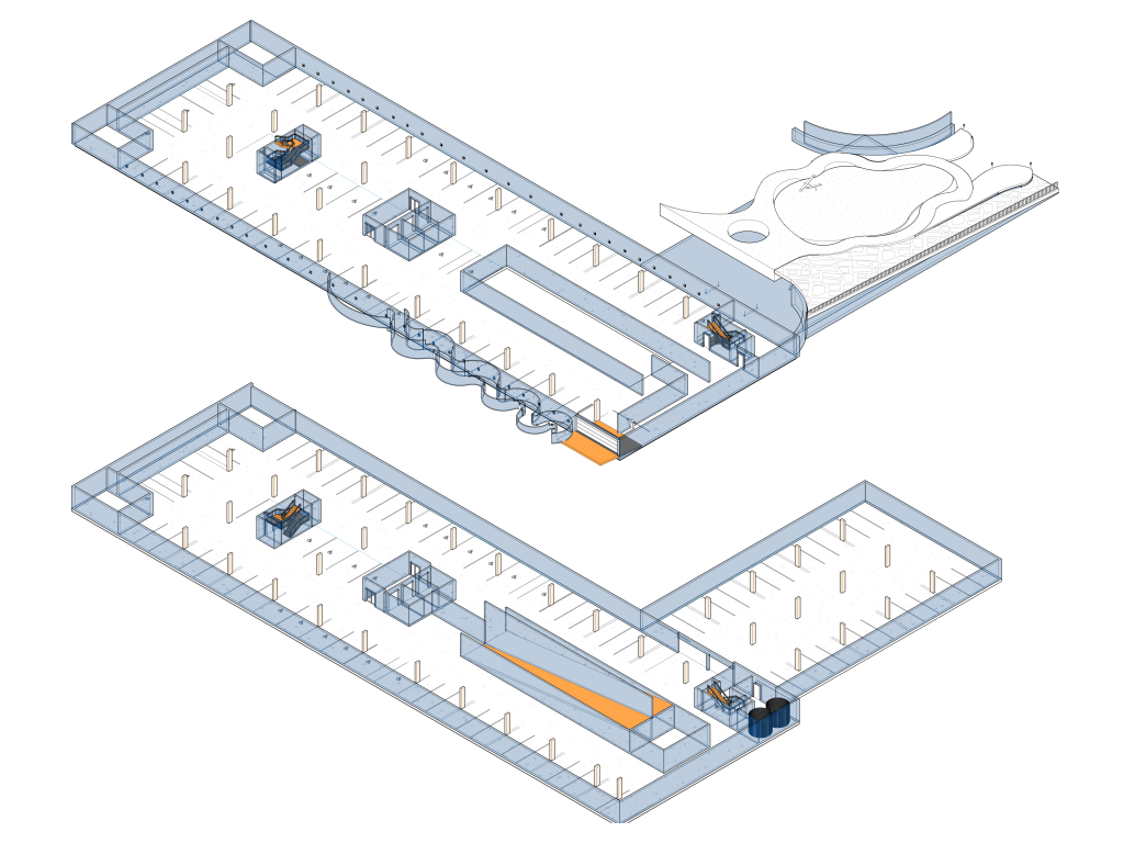 Axonometric of parking and lower support levels.