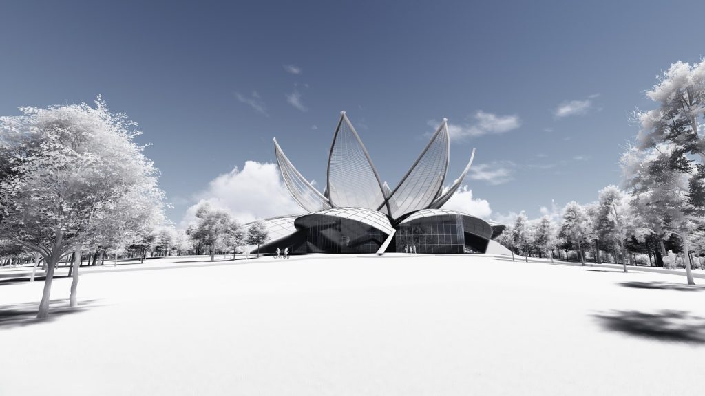 Early massing render of the petal form emerging from the landscape.