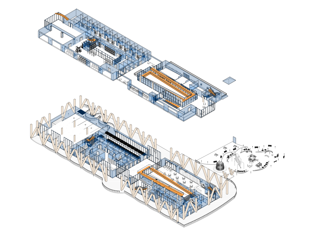 Axonometric of levels one and two.
