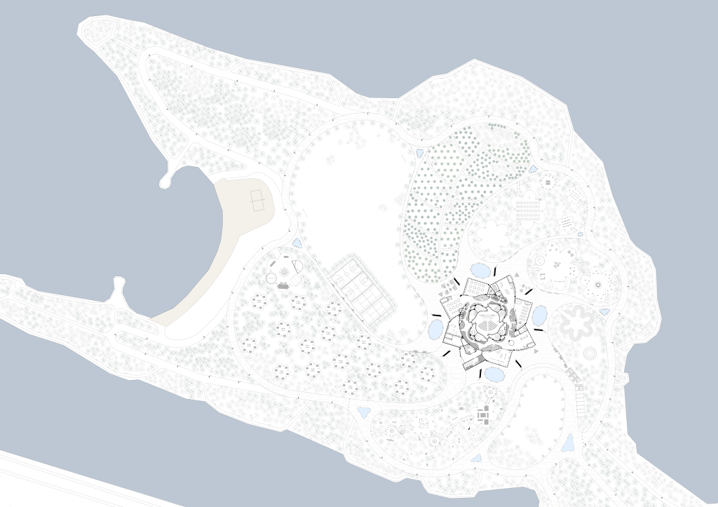 Vector site plan of Bayfront Park with the interfaith centre and landscape zones.