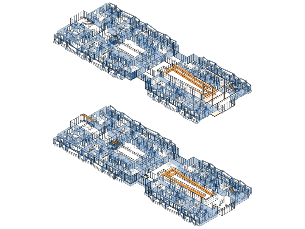 Axonometric of residential levels three and four.