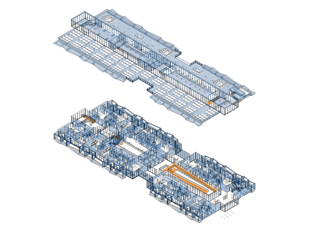 Axonometric of upper levels and roof.