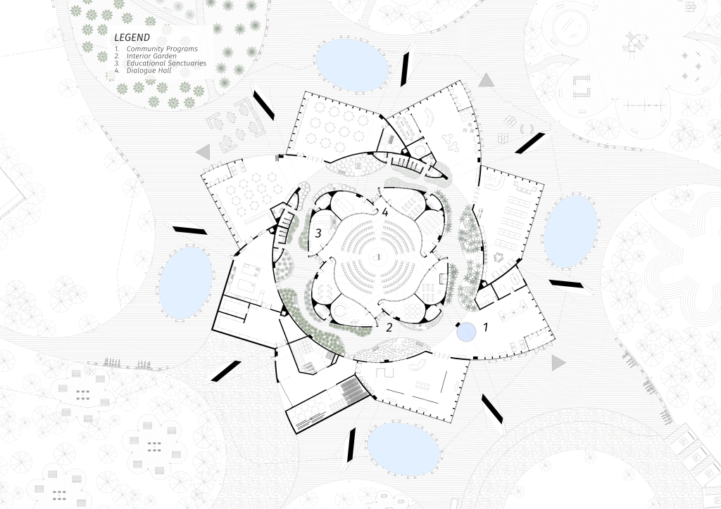 Floor plan showing the interfaith centre configured for a recital.