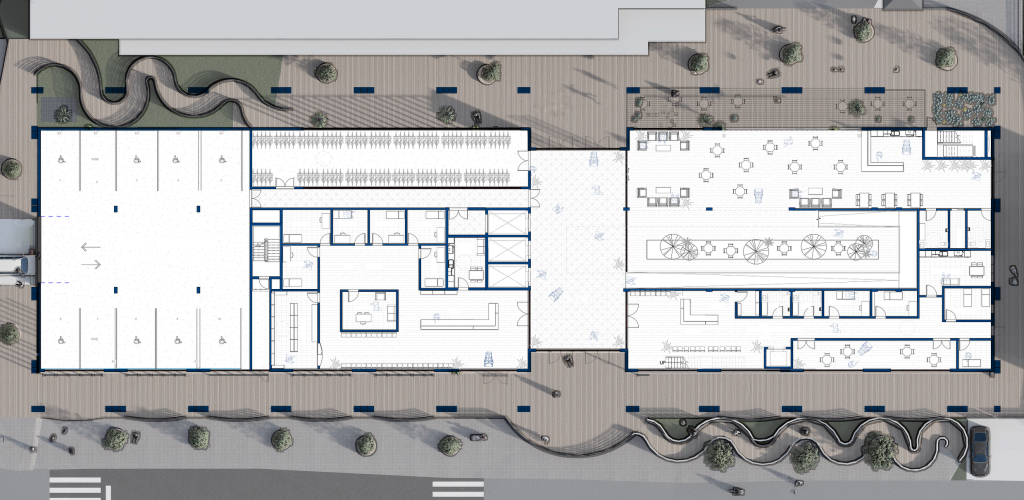 Ground floor plan with surrounding site context.
