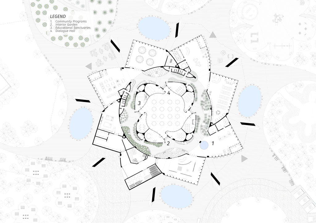 Floor plan showing the interfaith centre configured for dialogue and Eid gathering.