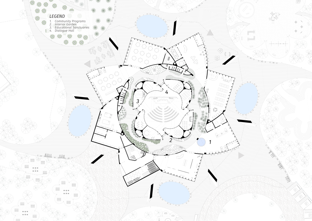 Floor plan showing the interfaith centre configured for a conference.