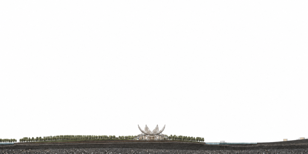 Long site section showing the centre as a horizon within Bayfront Park.