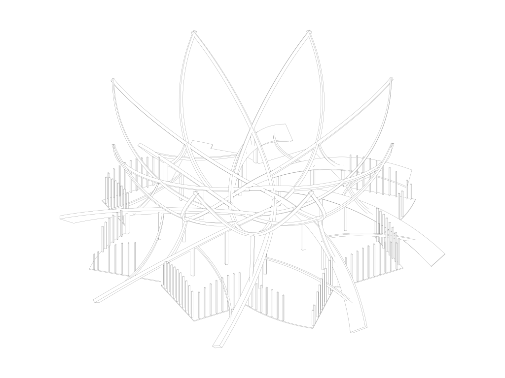 Structural axonometric showing the petal canopy and supporting system.
