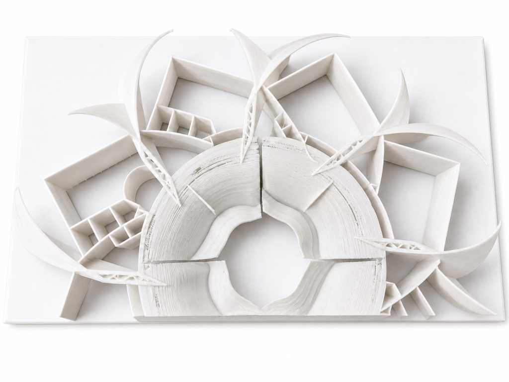 Physical model cutaway showing rooms, circulation, and the central void.