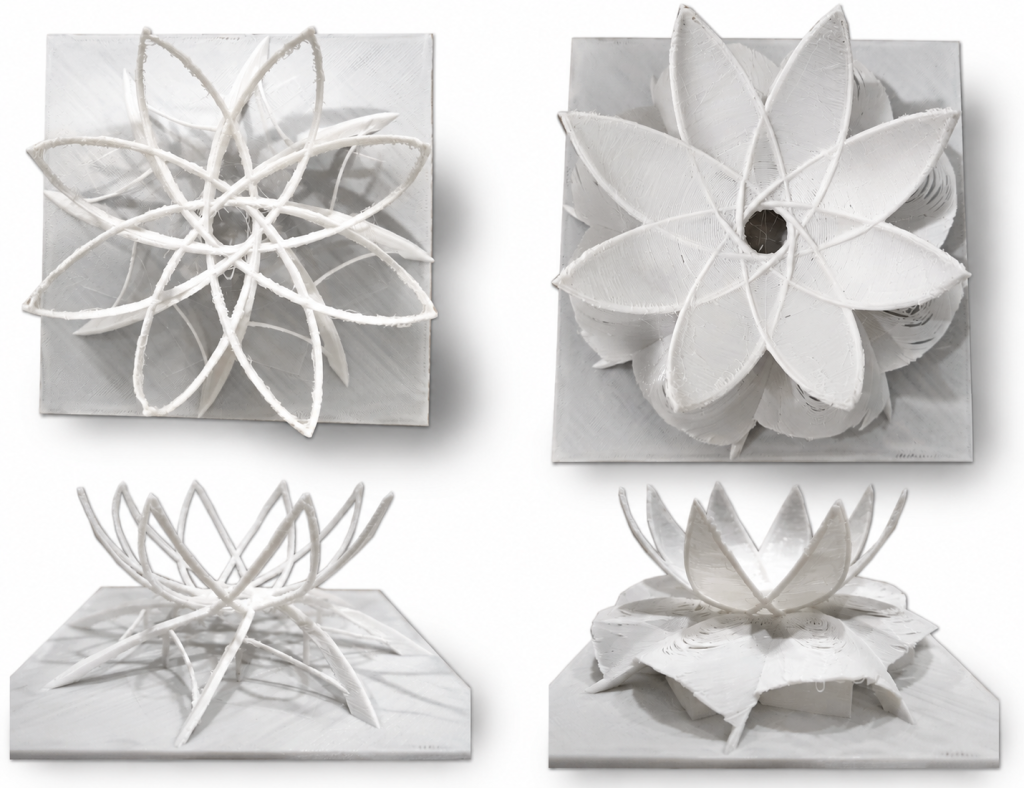 Four-view composite of the physical model from plan and elevation angles.