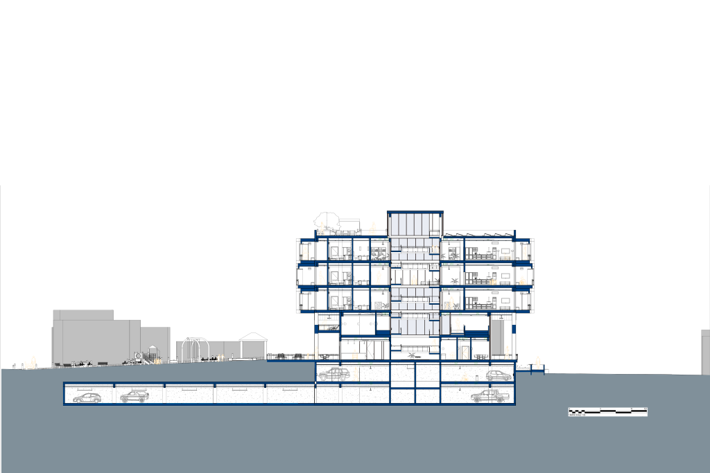 Cross section through atrium, ramp, and environmental section.