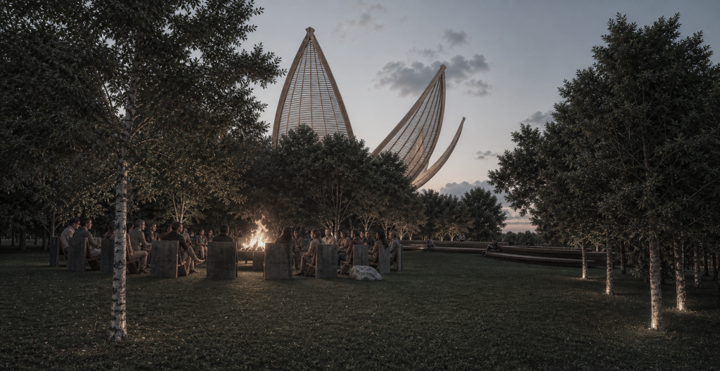 Evening gathering zone with people near the illuminated centre.