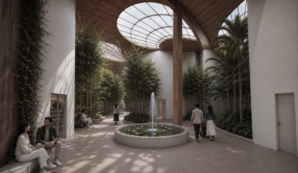 Interior entrance space with garden, oculus, and surrounding circulation.