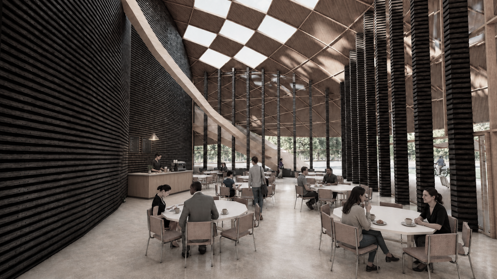 Interior cafe and common space beside vertical screens and garden planting.