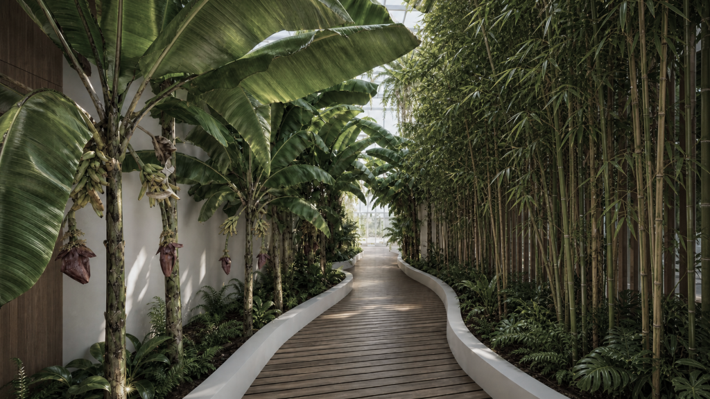 Interior garden corridor with dense planting and a curved walkway.