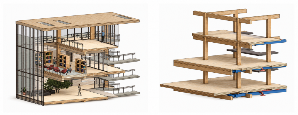 CLT and glulam materiality axonometric.