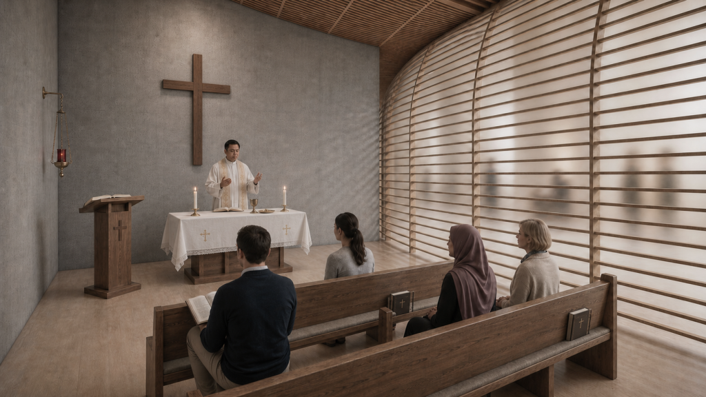 Christian sanctuary room with altar, timber screen, and seated visitors.