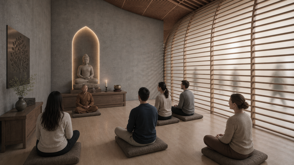Buddhist sanctuary room with seated visitors, warm light, and timber screen.