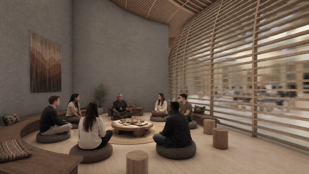 Indigenous sanctuary room arranged around a circular gathering space.
