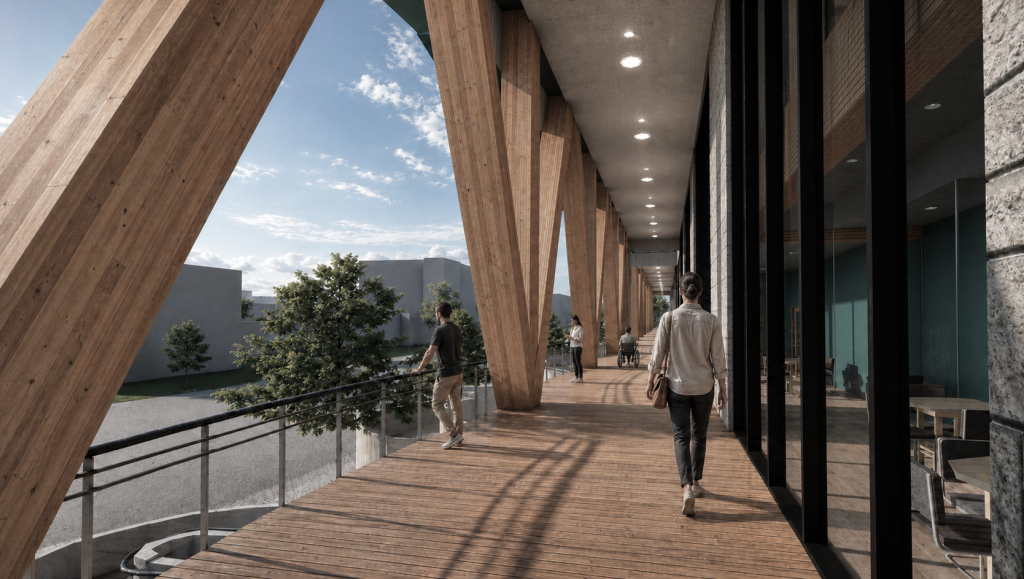 Timber colonnade exterior view.
