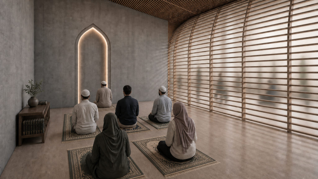 Muslim sanctuary room with seated visitors facing a prayer niche.