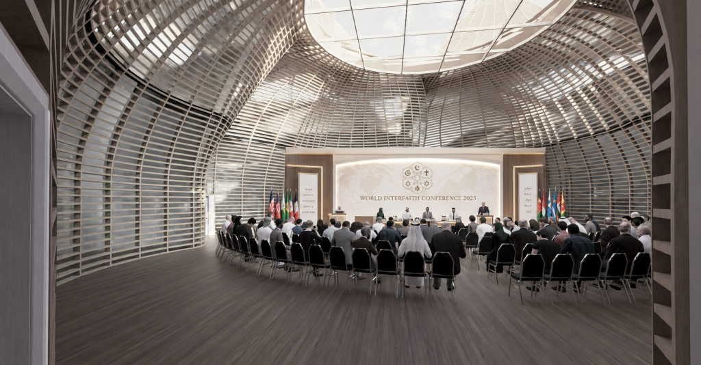 Main hall configured for an interfaith world conference.