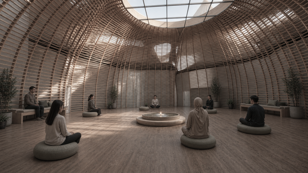 Quiet gathering in the main hall beneath filtered light and timber structure.