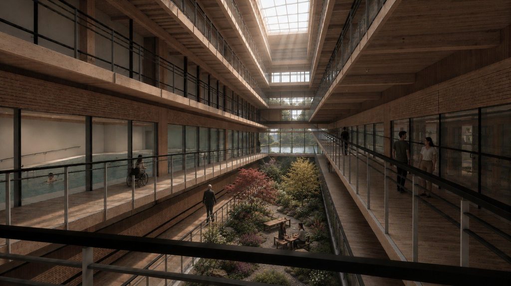 Atrium ramp interior render.