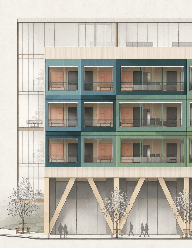 Quiet facade drawing of dwelling modules and timber base.
